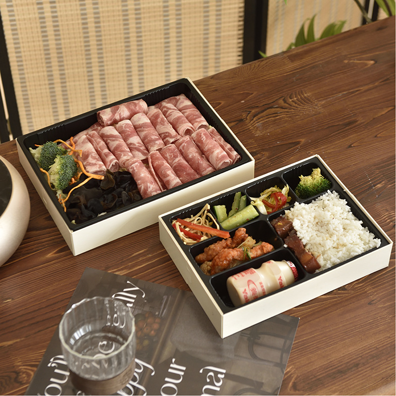 Caja de comida rápida de madera desechable, hotel de negocios de alta calidad, paquete de siete cuadrones, caja de comida para llevar resistente a alta temperatura