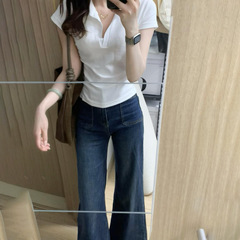白いポロシャツ Tシャツ レディース 夏 小柄 痩身 ラペル ピュアコットン スリム トップ 夏 右肩 ウエスト 短袖