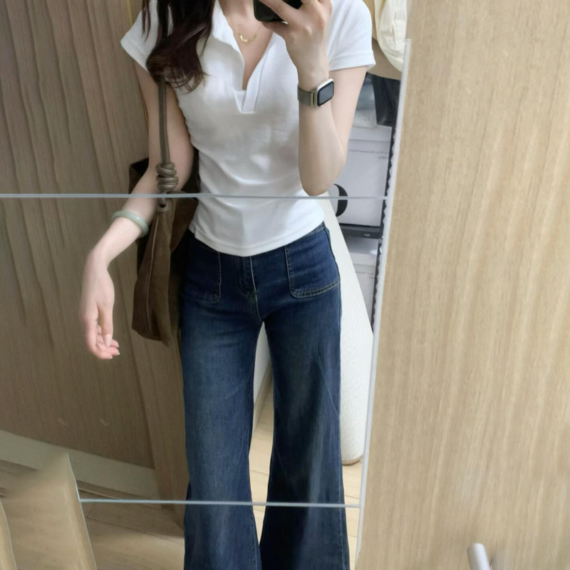 White Polo Shirt T-Shirt for Women Summer Slim Slim Lapel Pure Cotton Slim Top Summer Right Shoulder Waist Short Sleeves White Polo Shirt T-Shirt for Women Summer Slim Slim Lapel Pure Cotton Slim Top Summer Right Shoulder Waist Short Sleeves