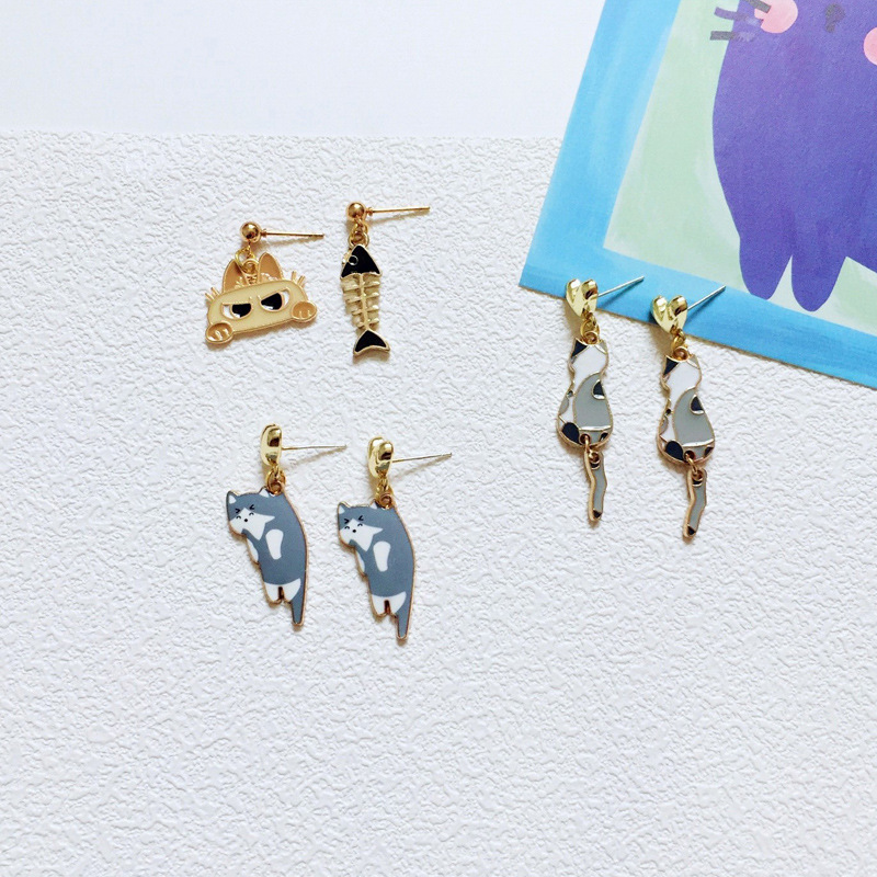 9g Weight Drop Earrings Classification 1 Pair Quantity Daily Occasion Alloy Material Cat Pattern Women'S Gender Enamel Design Cute Style Cute Cat Alloy Enamel Women's Drop Earrings 1 Pair 5