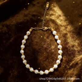 法式时尚高品质巴洛克淡水珍珠手链镀金金色间隔球长度可调节防水