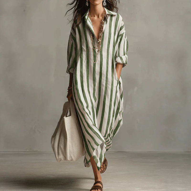 2026 European and American independent online store cross-border fashion loose V-neck long striped summer popular shirt dress 2026 European and American independent online store cross-border fashion loose V-neck long striped summer popular shirt dress