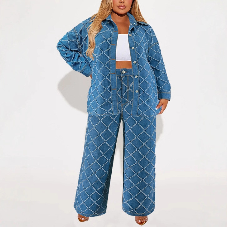 2025欧美跨境新款女士蓝色菱格纹仿牛仔衬衫长裤套装时尚休闲