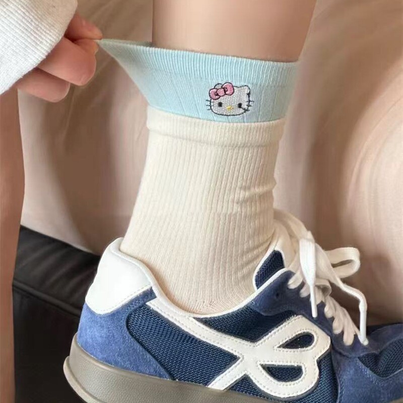 Spring and Summer Cute Double Rakou Kitty Socks Women's Ins Korean Style Girl's Cartoon Sweet Lace Color-matching Mid-tube Socks Trendy
