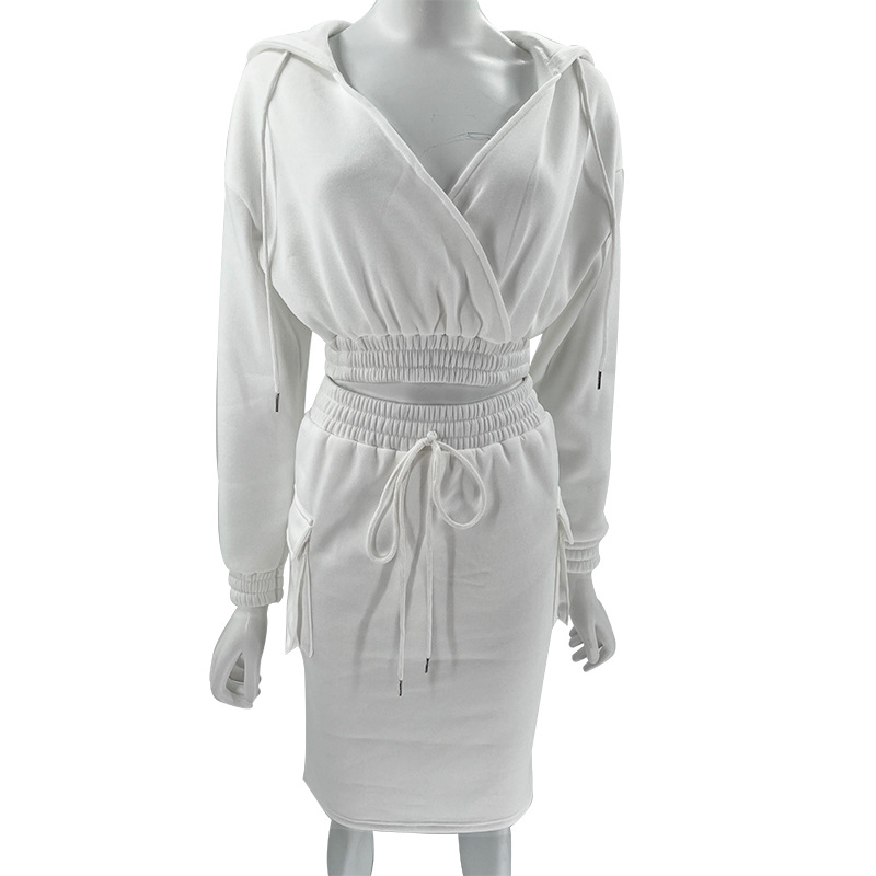 Women's Skirt Suit V Neck Hooded Solid Colour Long Sleeve Set_voghion.com
