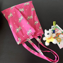 日韩卡通全棉印花布玫红底色草莓小狗薄款单肩包手拎包百搭日用包