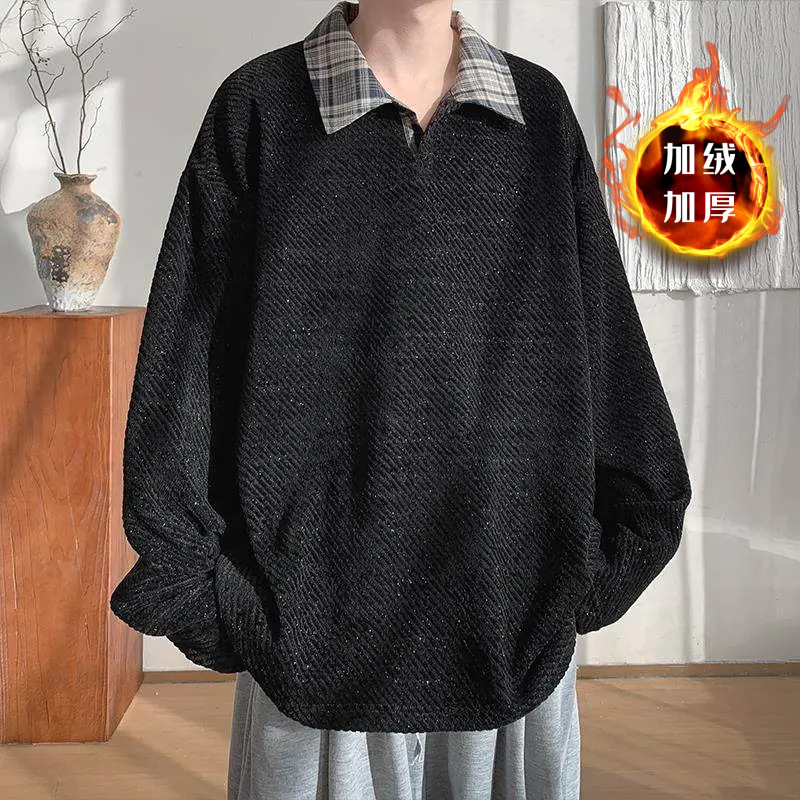 Chenille Thick Woolen Polo Sweatshirt Men's Early Autumn American Heavy Long-Sleeved T-Shirt Small Fragrant Knitwear Jacket Chenille Thick Woolen Polo Sweatshirt Men's Early Autumn American Heavy Long-Sleeved T-Shirt Small Fragrant Knitwear Jacket