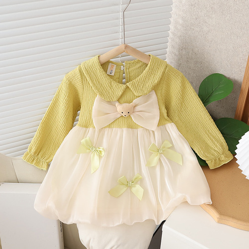 Girls' Spring and Autumn Season New  Korean Version Cute and Sweet Baby Bear Bow Princess Dress