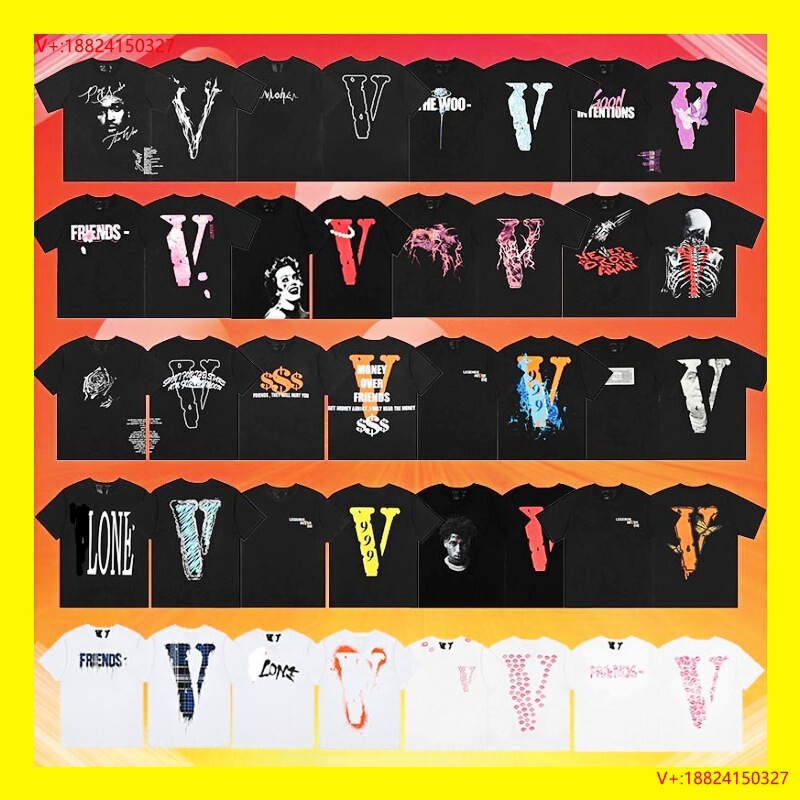 Cross-Border Trendy Brand Vlone Letter Cherry Blossom Short Half-Sleeved Sketch Embroider Lip Print Graffiti Printed Short-Sleeved T-Shirt