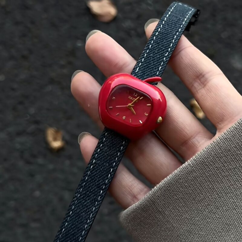 Haida Watch Red Apple-Shaped Women's Watch Women's Leather Strap Watch Niche Fashion Design Quartz Watch