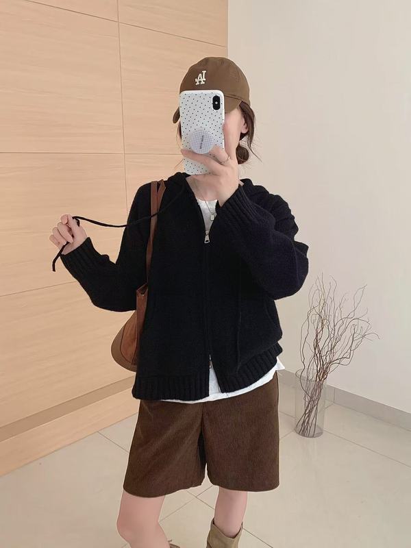 秋冬新款设计感抽绳连帽双拉链口袋休闲针织开衫女简约百搭外套|undefined
