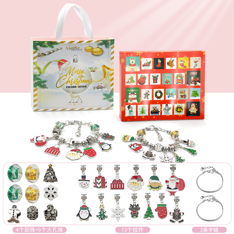 Rojo oro/plata Navidad 24 cuenta regresiva calendario ciego caja DIY dibujos animados niños regalo pulsera traje