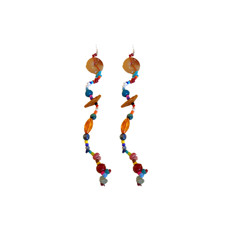 Pendientes de cuentas de resina de color irregular de estilo étnico Pendientes de borla ultralargos Pendientes frescos pequeños retro al por mayor