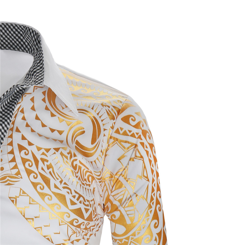 Modisches Herren Freizeit Hemd Goldfarbener Print Langarm Slim Fit_voghion.com