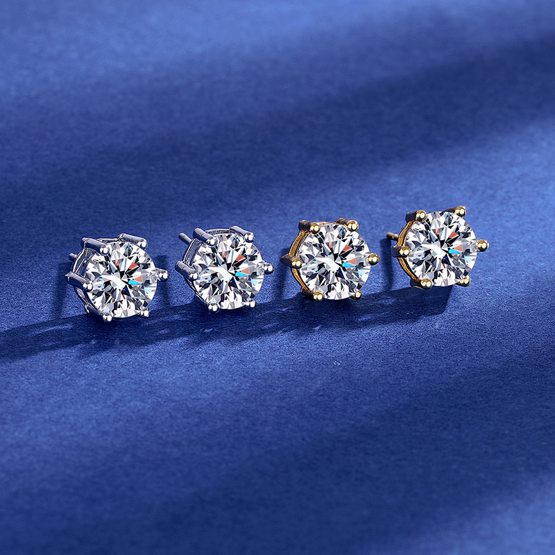 Six-Claw Zircon S925 Silver Needle 2 karat Ear Nail Women's Simple Ear Bone Nail New Fashionable Men's Ear Earrings Imitation Diamond Cool All-Match