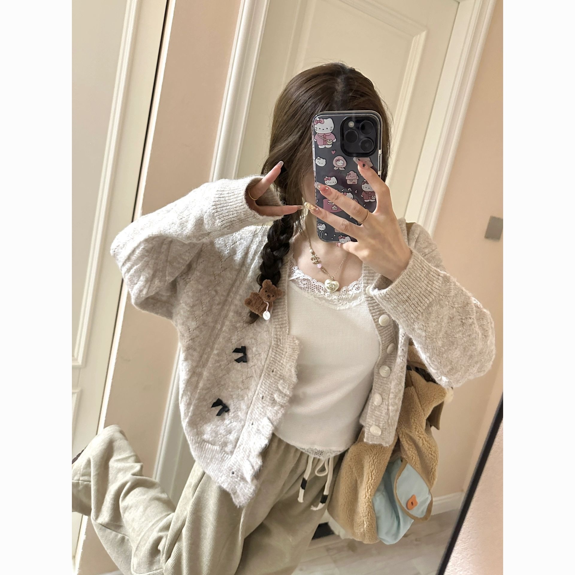 新款设计感针织开衫外套女秋冬宽松短款上衣蝴蝶结毛衣新款