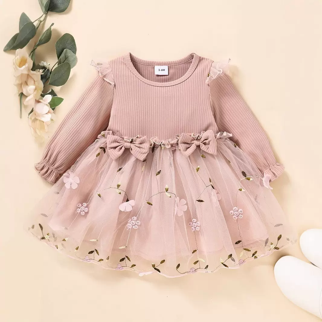 春秋新款欧美童装网纱宝宝女童2024款长袖连衣裙儿童外贸裙子潮