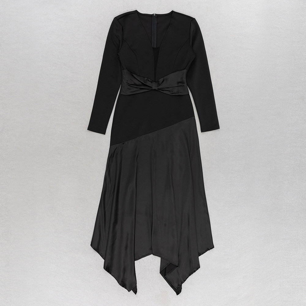 Autumn Winter V neck Stitching Tight Waist Irregular Asymmetric Hip-Wrapped Dress Long Sleeve Dress Evening Dress