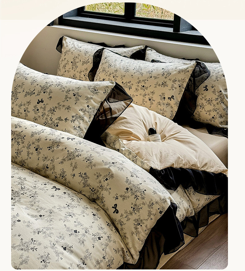 Vintage Floral Duvet Cover Set Pure Cotton Black Lace Bedding_voghion.com