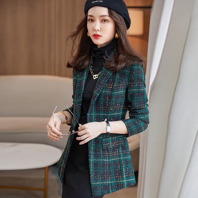 Foreign trade new high-end spring new Plaid girl small suit women's long-sleeved suit jacket women's slim business wear