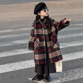 韩国童装2025秋冬新款撞色格子仿双面呢大衣男女童复古森系呢外套