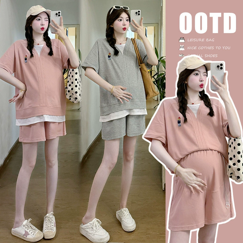 Спотовая стрельба летом новая корейская версия сшивания сети красный повседневный костюм для беременных набор из двух частей