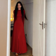 冬季红色针织连衣裙女修身收腰秋冬大衣内搭打底赫本风毛衣长裙子