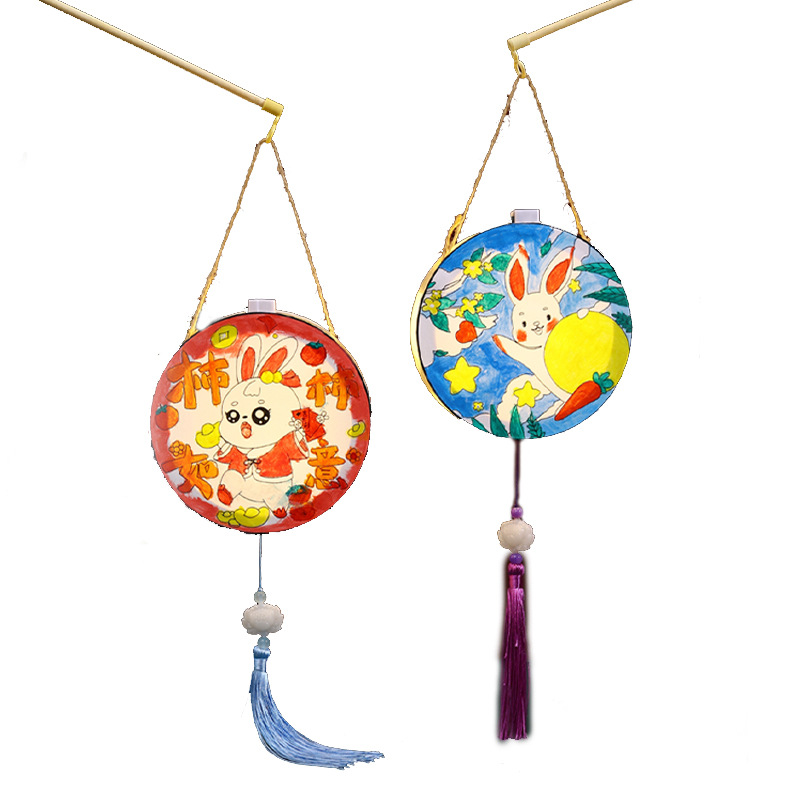 Linterna del Festival del Medio Otoño Paquete de material de producción de bricolaje Lámpara portátil de dibujos animados de madera pintada a mano