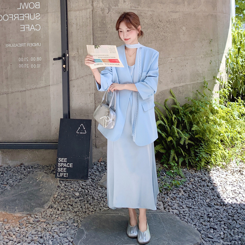 蓝色法式简单大方吊带连衣裙套装女2025秋季高级感西装长裙两件套|undefined