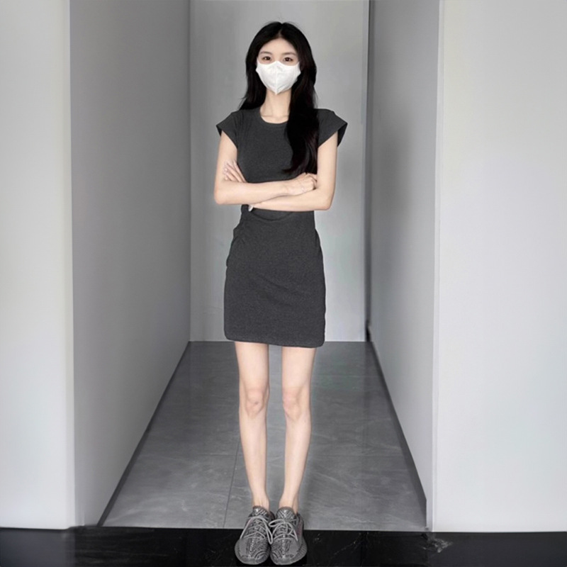 大货小飞袖连衣裙女夏新款修身显瘦T恤裙子灰色收腰抽褶包臀短裙
