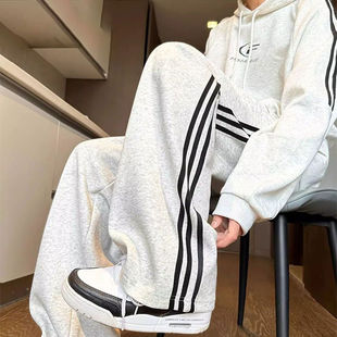 Large Size Loose Striped Casual Pants, Versatile Straight-Leg Sports Pants, Loose and Trendy Sports American New Three-Stripe Pants