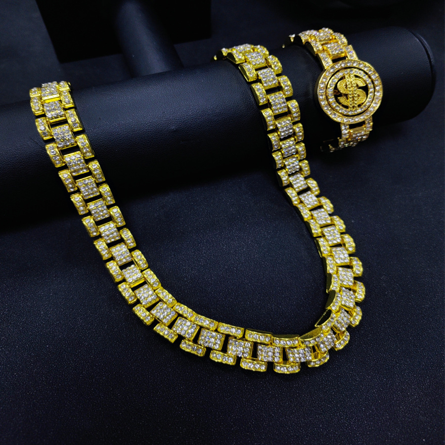 Men's Full Diamond 16MM Tank Chain Rotating Dollar Bracelet Necklace Set Hip Hop Fashion Jewelry_voghion.com