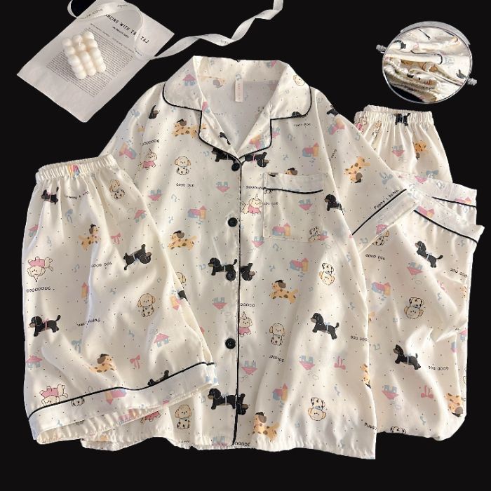 Venta al por mayor transfronteriza de tres piezas nube de algodón solapa cárdigan de dibujos animados pantalones de manga corta pantalones cortos ropa a domicilio traje de pijama de mujer