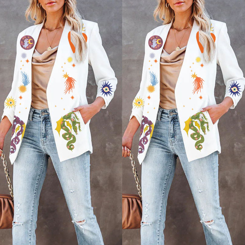 Cross-Border Foreign Trade Independent Site Amazon 2026 New Autumn Fashion Printed Slim-Fit Long-Sleeve Blazer for Women
