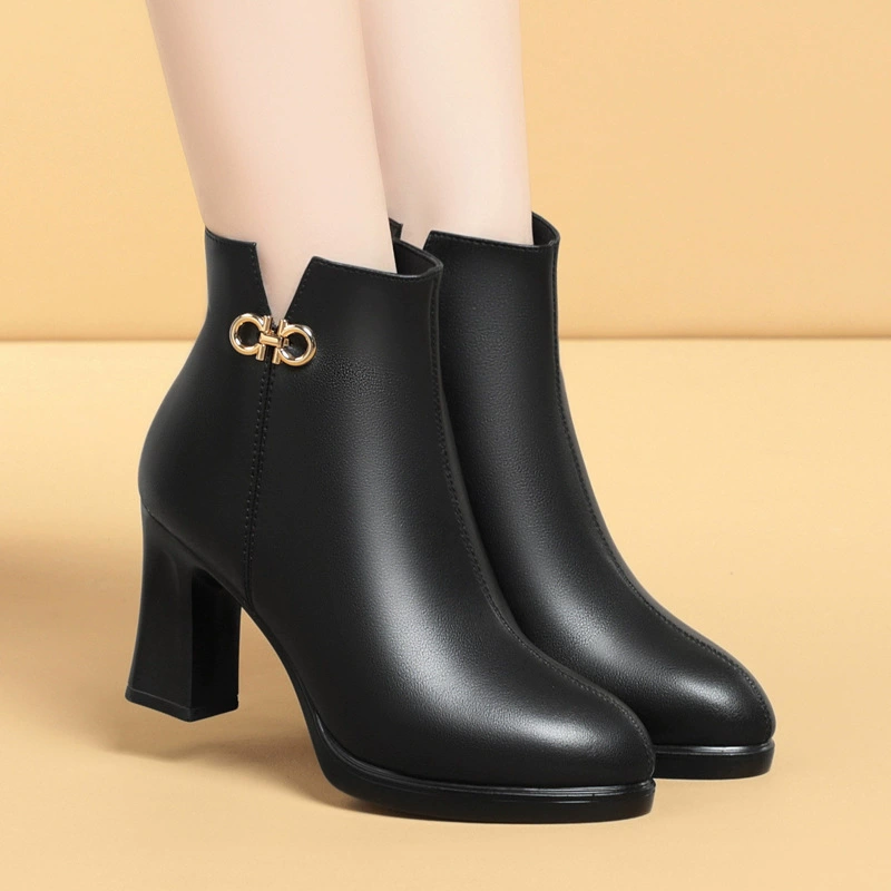 Женские осенне-зимние сапоги на высоком каблуке, женские нескользящие теплые хлопчатобумажные туфли на флисовой подкладке, универсальные, увеличивающие рост, модные женские сапоги в западном стиле