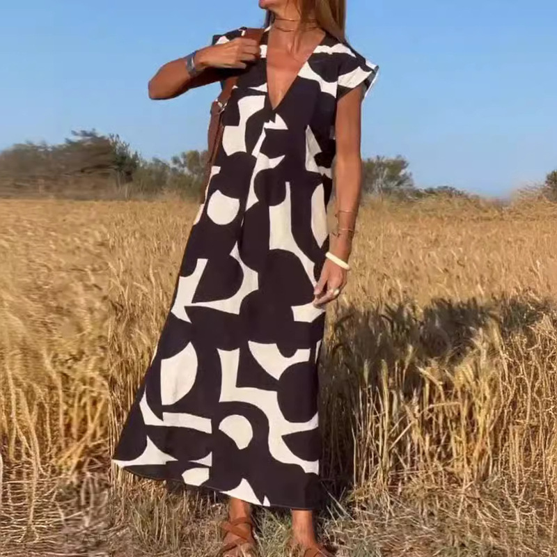 Elegant lady style V-neck loose waist dress 2024 summer fashion new all-match long skirt Europe and the United States