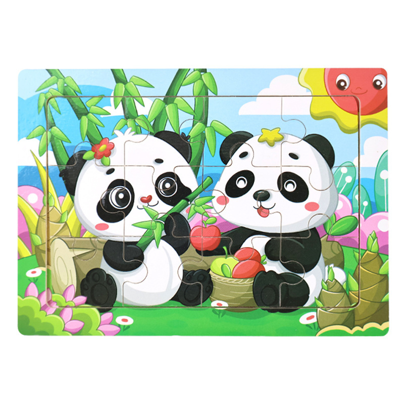 Rompecabezas plano de madera de 12 piezas, juguetes educativos para niños pequeños, rompecabezas de pensamiento lógico cognitivo de animales de dibujos animados de educación temprana