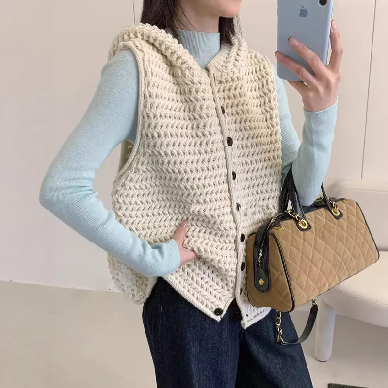 2026 Spring Korean Style Thick Knit Hooded Vest Sweater for Women, High-End Elegant Simple Autumn Winter Layered Cardigan