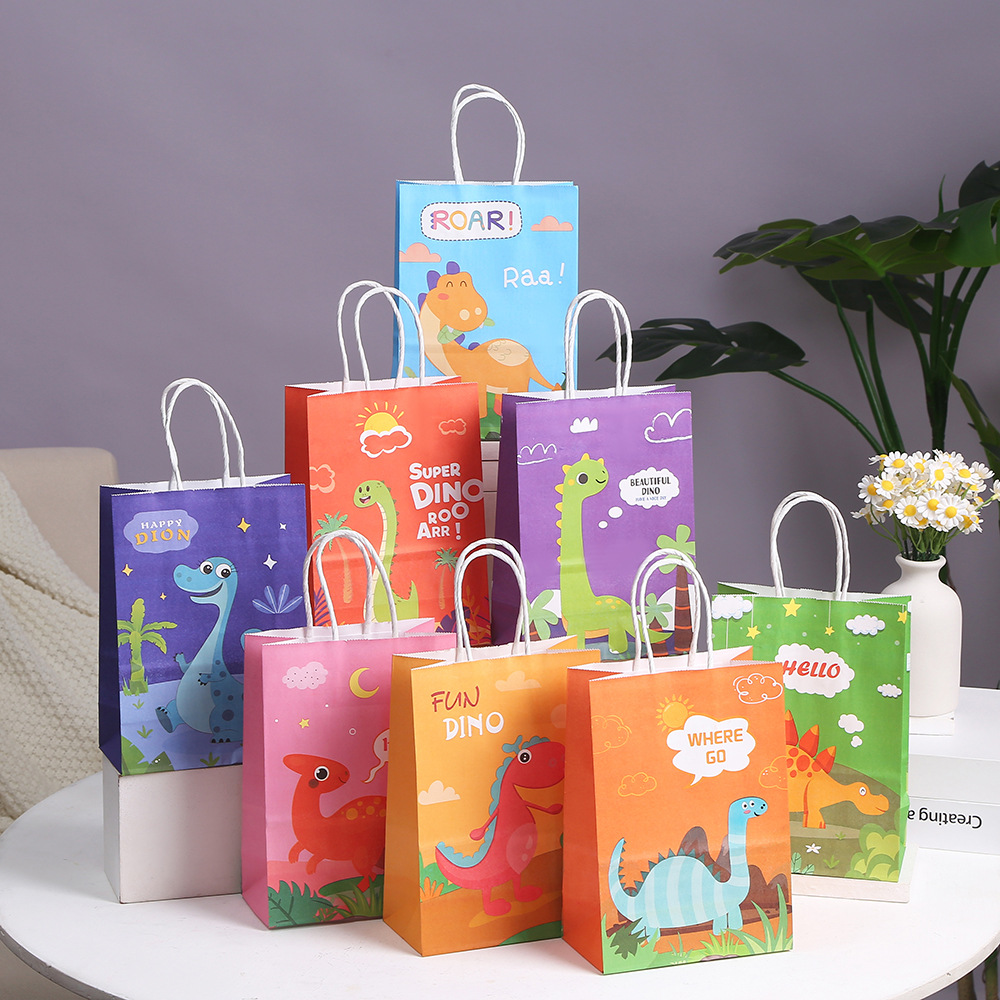 Amazon Exclusive Cartoon Gift Bag Cute Small Dinosaur Colored Kraft Paper Handbag Party Gift Paper Bag
