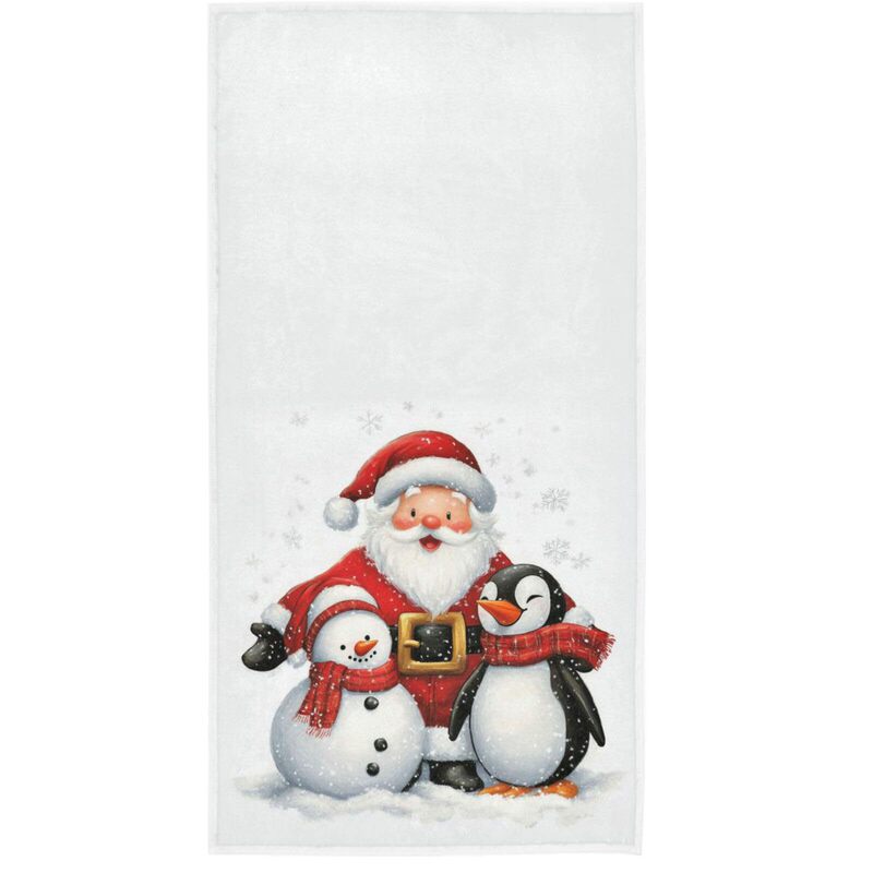 Merry Christmas Santa Claus Snowman Penguin Friends Beach Towel Snowman Snowflake Bathroom Towel Soft Absorbent Towel