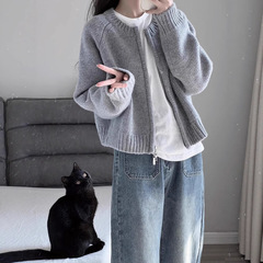 灰色短款毛衣外套女装秋冬2025新款宽松加厚拉链开衫长袖针织上衣