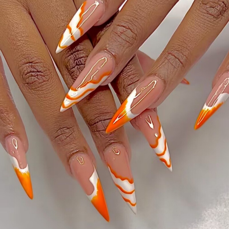European and American Style Wearable Nails with Orange Lines and Waves, Simple French Style Detachable Nail Pieces, 24 Pieces Wholesale European and American Style Wearable Nails with Orange Lines and Waves, Simple French Style Detachable Nail Pieces, 24 Pieces Wholesale