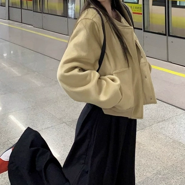 Woolen jacket, baseball short uniform with zipper for leisure, oversize