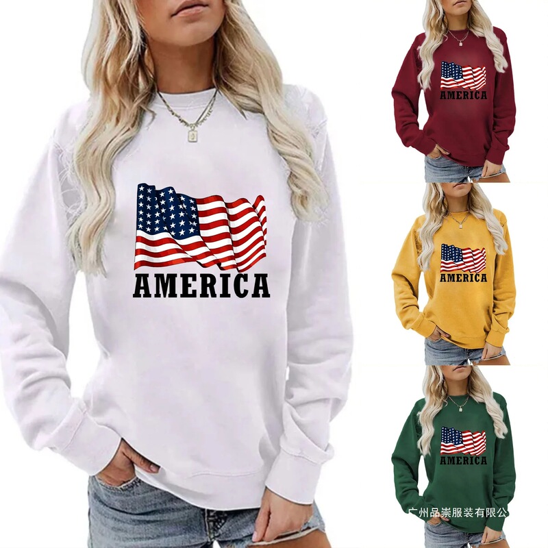 Independence Day Printed Women's Long Sleeve Letter Casual Sweatshirt Cross-Border Polyester Round Neck Decorative Print