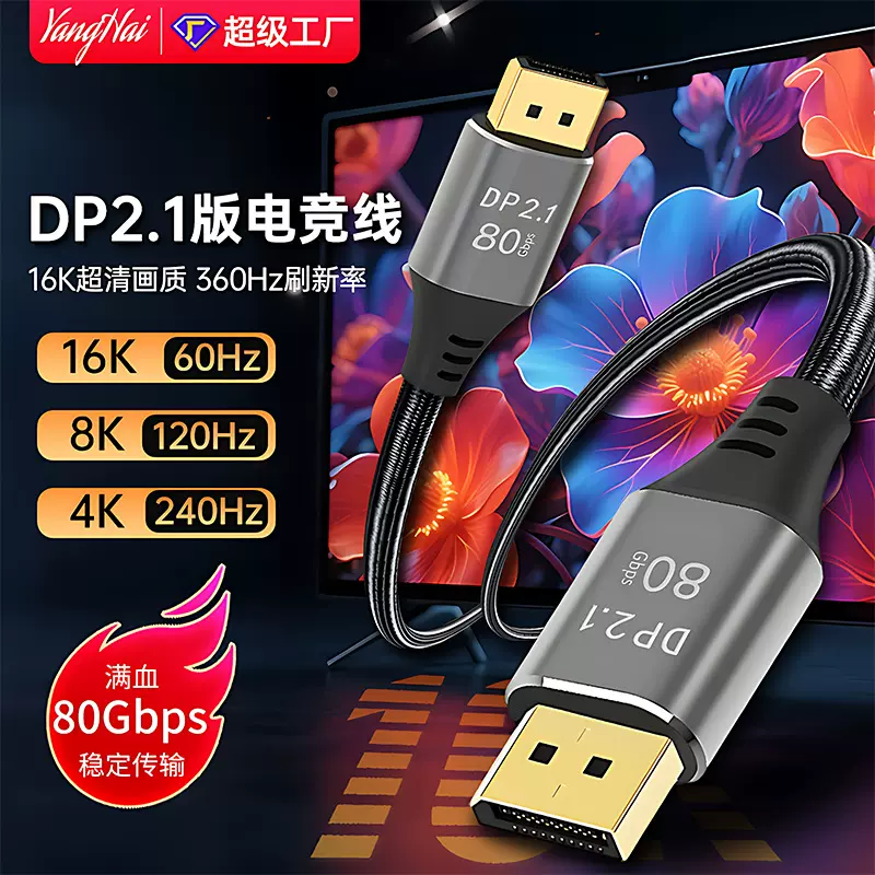 扬海DP2.1版视频线 80G满血认证360/240hz高刷电脑显示器dp高清线