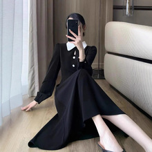 法式复古长袖连衣裙女秋季大码胖mm赫本风收腰显瘦气质黑色长裙子