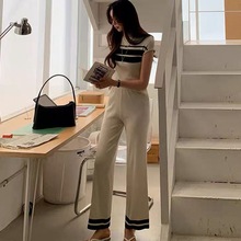 2024新款韩国代购夏季撞色条纹拼色针织衫短袖上衣长裤两件套女装