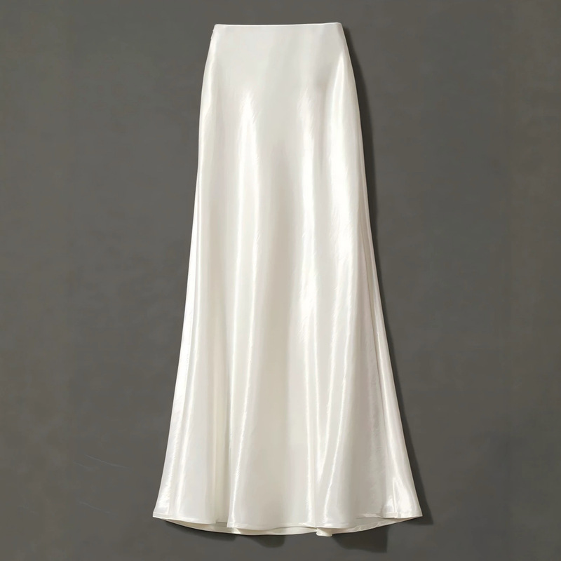 Satin fishtail midi skirt for women, spring/summer style, high-waisted, elegant, elastic waist, bias-cut, white A-line skirt with a large hem