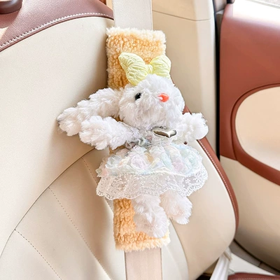 Safety Belt Shoulder Padel Cute Cartoon Plush Rabbit Shoulder Padel Creative Lamb Fleece Anti-Neck Four Seasons Universal Shoulder Padel (Seat belt shoulder pad) - moon-velvet-striped-shoulder-pads-yellow-long-eared-rabbit