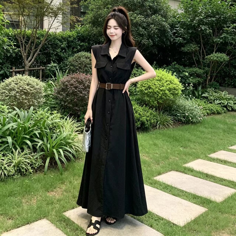 Fashionable New Summer Style Shirt with a Turn-Down Collar, Sleeveless Dress with Slimming Waist Design, Purple Mid-Length Dress for Women Fashionable New Summer Style Shirt with a Turn-Down Collar, Sleeveless Dress with Slimming Waist Design, Purple Mid-Length Dress for Women